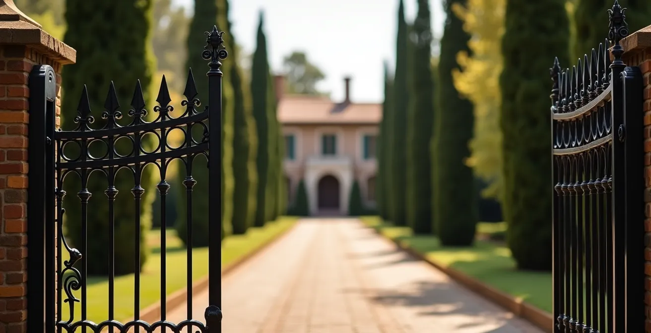 Panoramic view of secure gated villa estate with Mediterranean backdrop