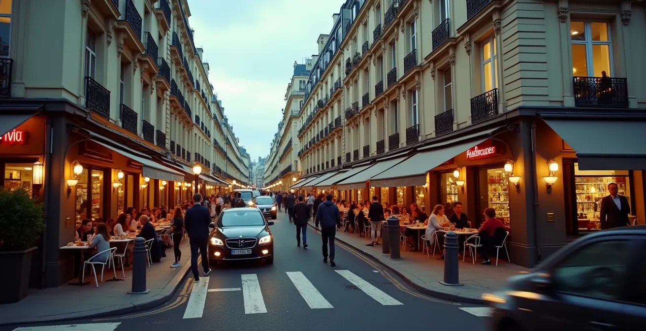 Time-lapse style view showing Parisian street life transitions from morning to evening