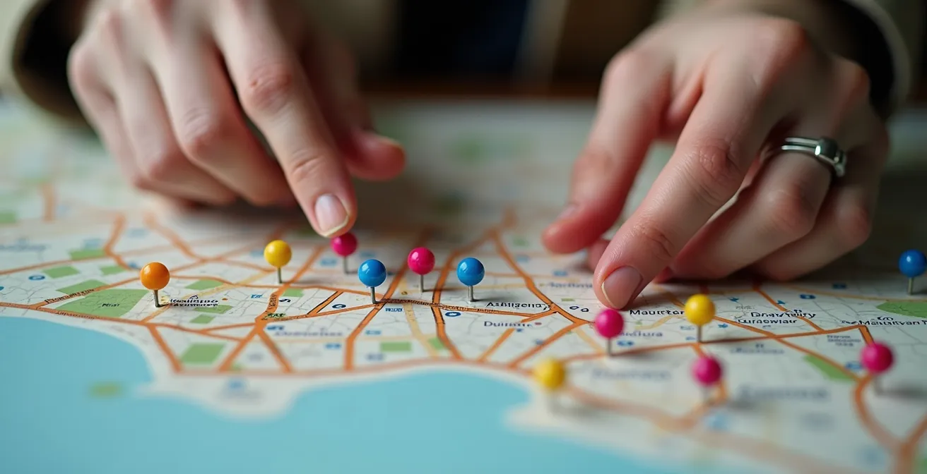 Hands arranging colorful route markers on abstract Paris map surface