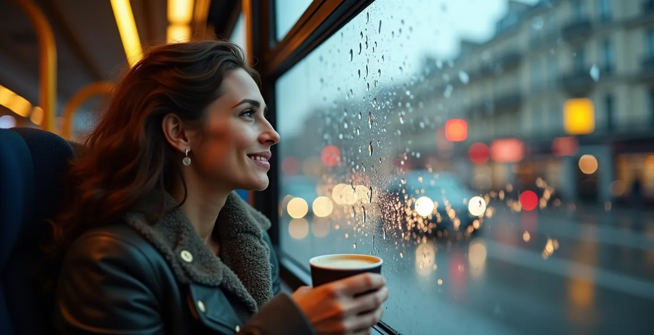 Passengers sheltered inside a bus during Paris rain, warm interior lighting contrasting with wet streets outside