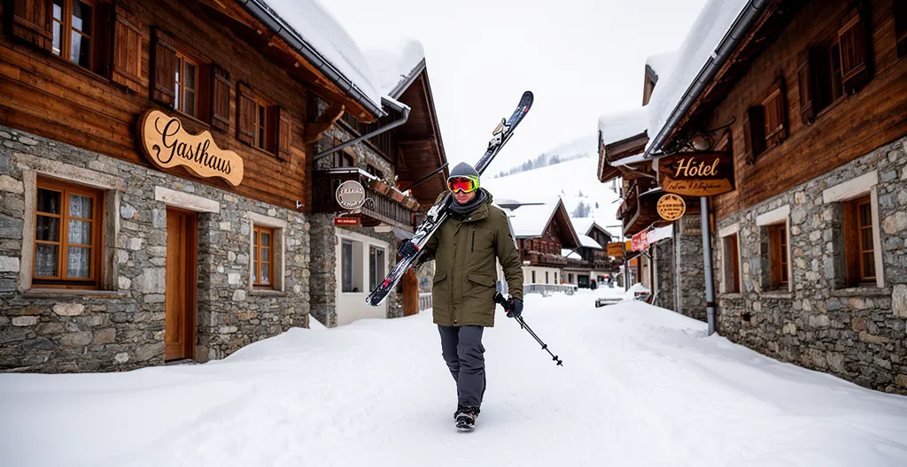 Snowy village street scene in Courchevel with person walking