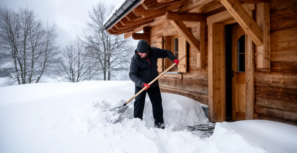 Winter property maintenance with person clearing snow at entrance
