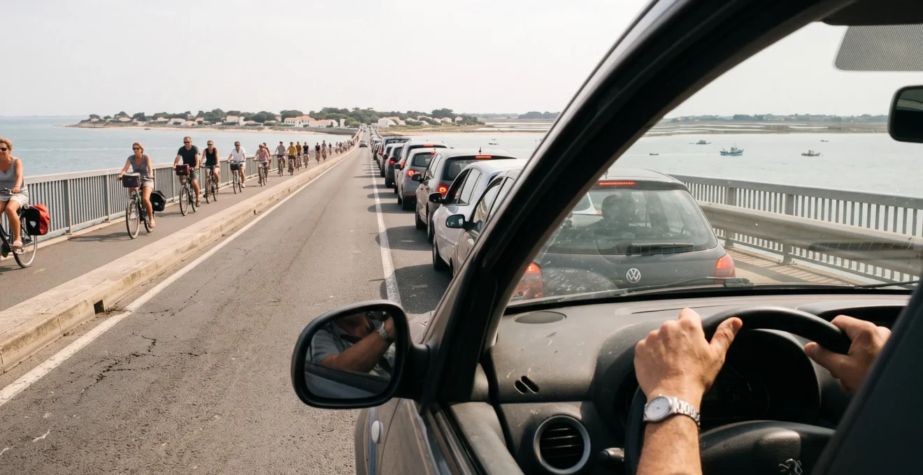 A queue of cars crosses the bridge road towards Île de Ré on a summer day.