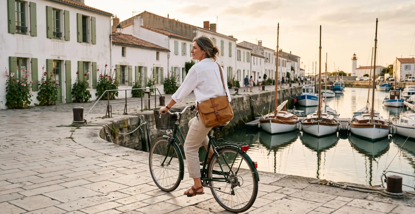 A traveller cycles along a quiet whitewashed harbour quay on Île de Ré.