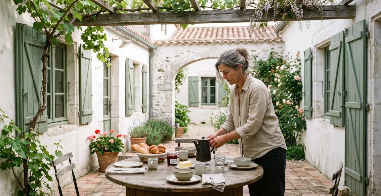 A host prepares a breakfast table in a whitewashed guesthouse courtyard.