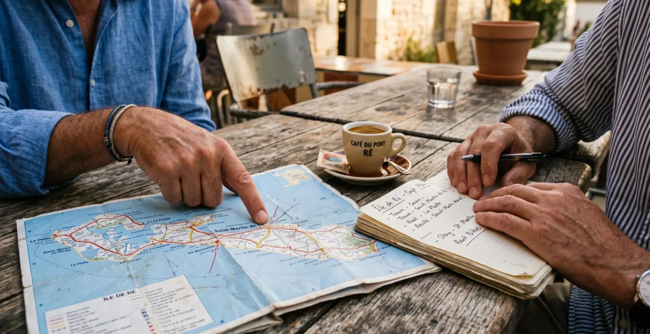 Two people plan an itinerary over a paper map at a café table.